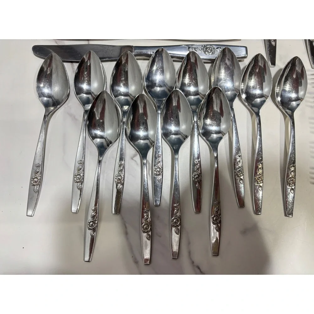 Vtg Oneida Stainless Steel Flatware Set 42pc Our Rose Floral Pattern Silverware